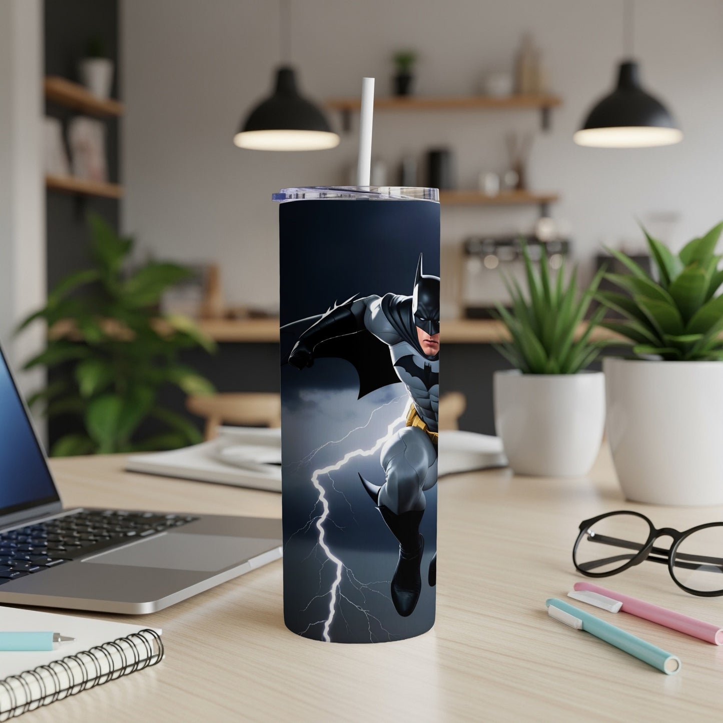 Batman running with lightning in the background on a tumbler.
