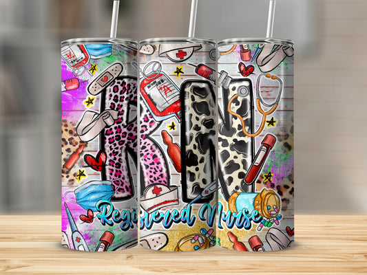 Tumbler with RN design featuring medical icons, animal print, and colorful splashes.
