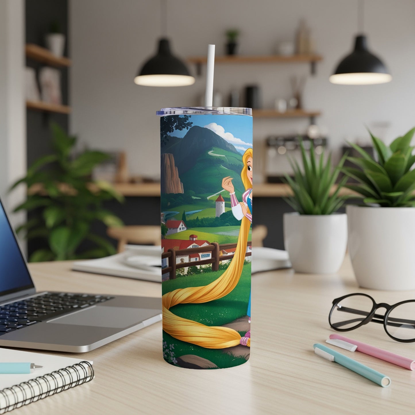 Rapunzel from Tangled on a tumbler, with a village scene background.