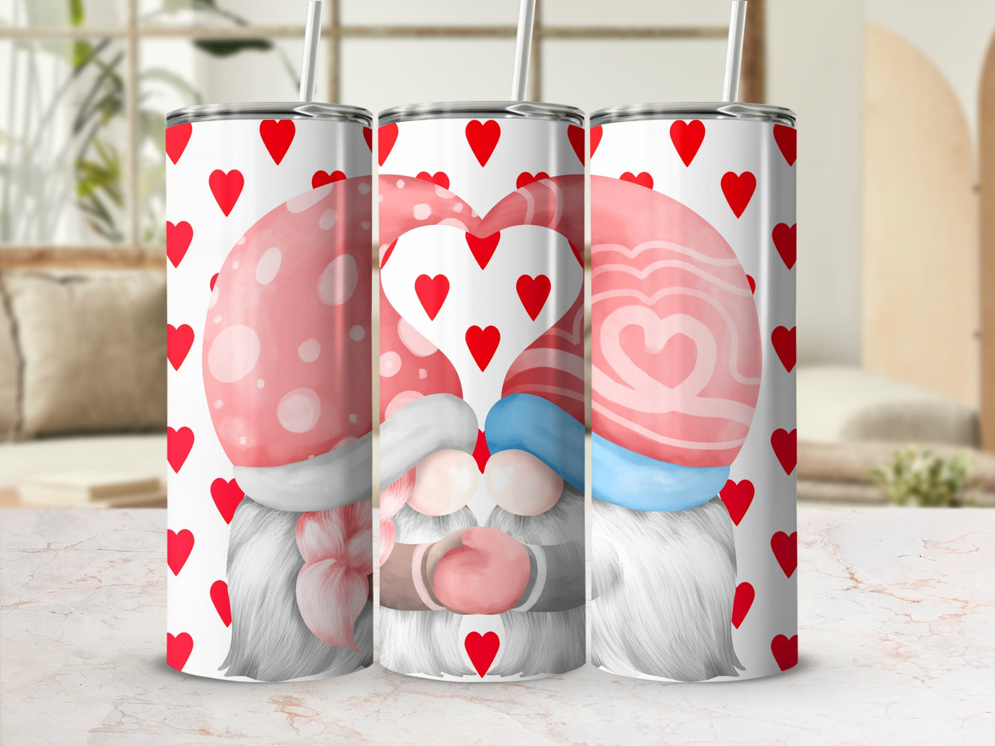 Cute Heart Gnome Pattern Tall Skinny Tumblers