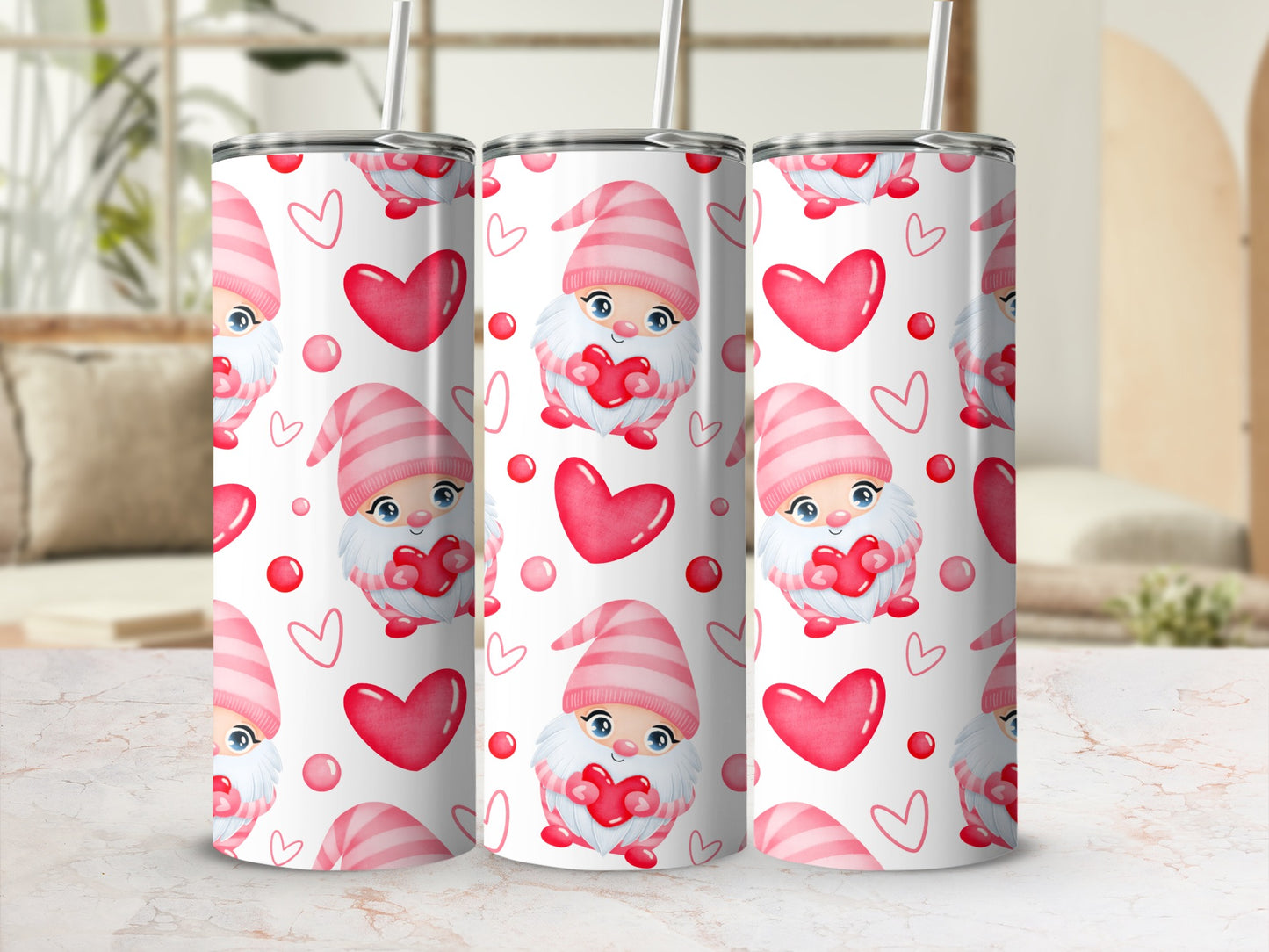 Adorable Pink Gnome with Hearts Design Drinkware