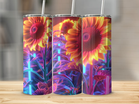 Three tumblers featuring neon sunflowers on a wooden surface.