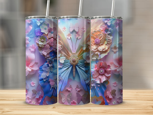 Three skinny tumblers with a pastel butterfly and floral 3D design.