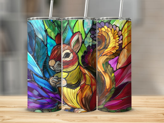 Three stained glass tumblers featuring a colorful squirrel design.