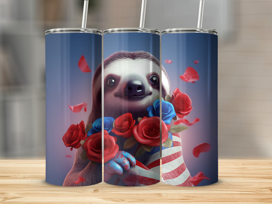 Sloth with red, white, and blue flowers and flag.