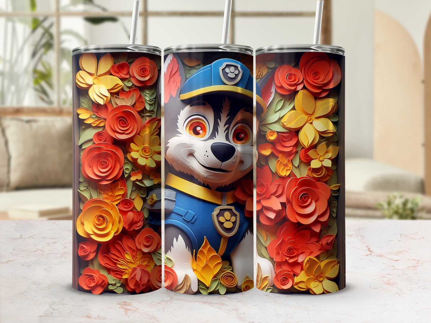 Cute Floral Dog Themed Tumbler With Straw