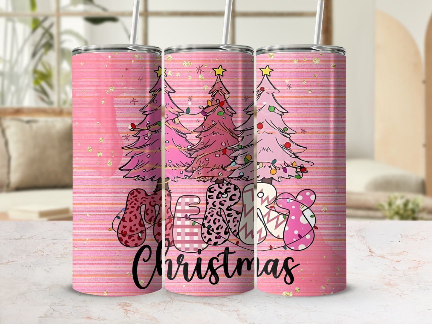 Merry Christmas Pink Tumbler with Festive Tree Design