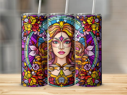 Stained glass design of a woman with flowers and colorful floral patterns.