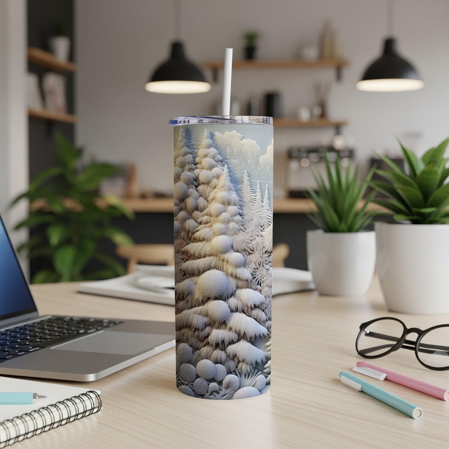 Winter forest scene on a white insulated tumbler with a straw.