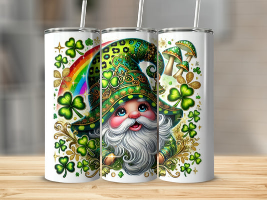 St. Patrick's Day tumbler with a leprechaun, rainbow, and shamrocks.