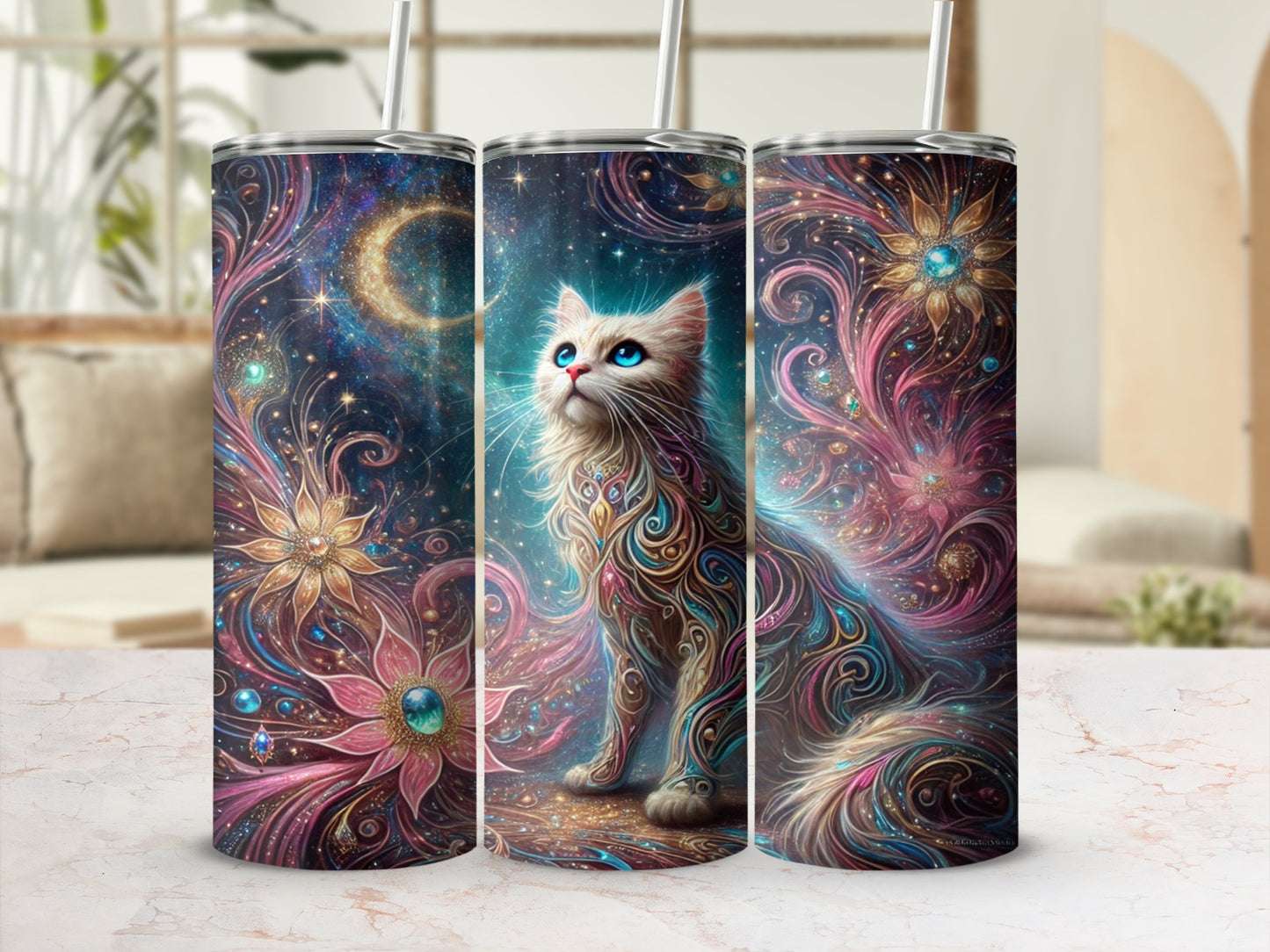 Intricate Cosmic Cat Galaxy Theme Design Tumbler