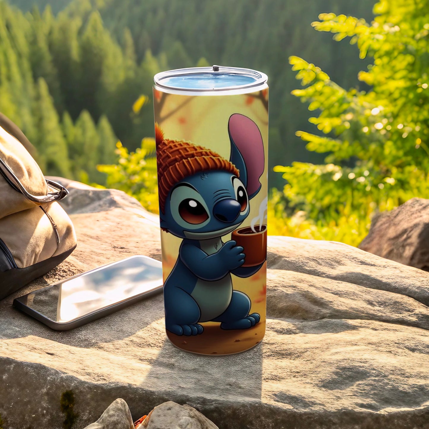 Cute Blue Character with Coffee Tumbler Travel Mug