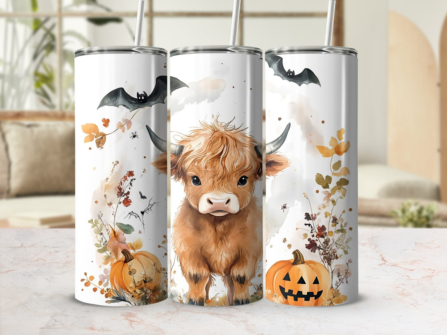 Cute Highland Cow Halloween Pumpkin Design Tumbler