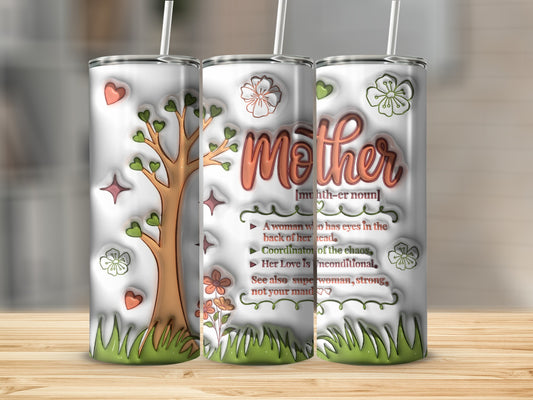 Tumbler with "Mother" text and definition, featuring a stylized tree.