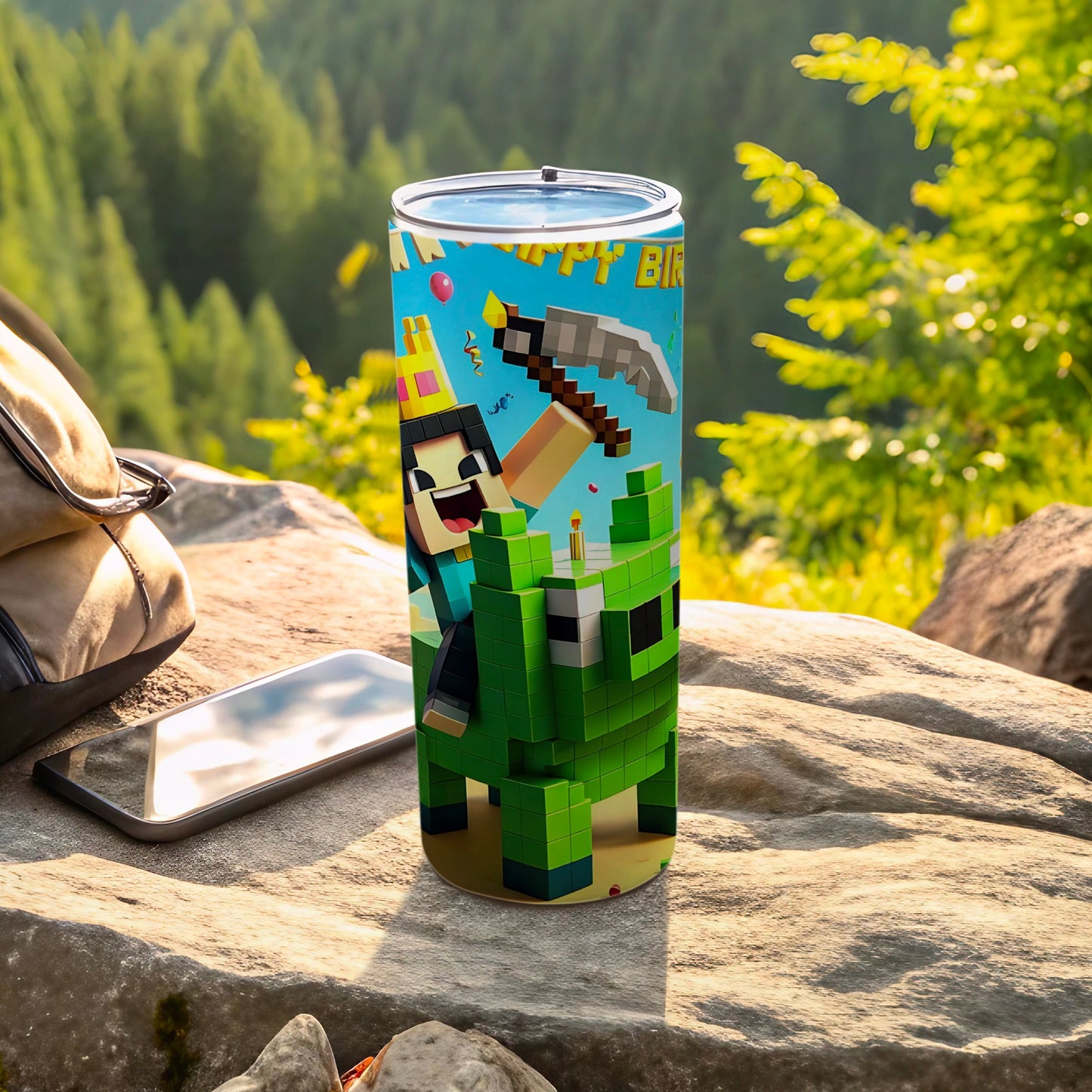 Happy Birthday Themed Pixel Art Travel Tumbler