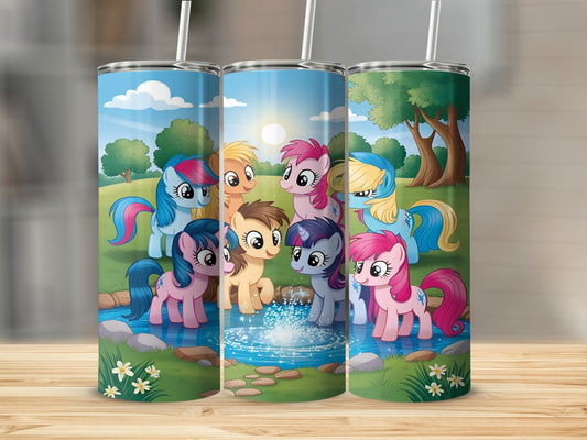 Cartoon ponies by a stream in a sunny meadow.