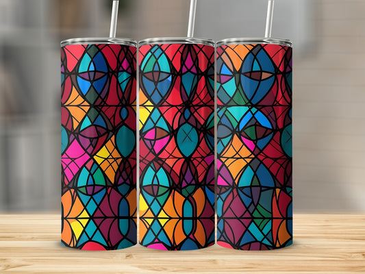 Three tumblers with colorful geometric stained glass pattern.