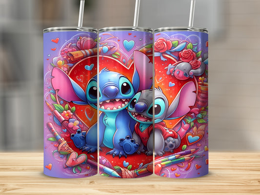 Stitch and Angel embracing in front of a heart with art supplies.