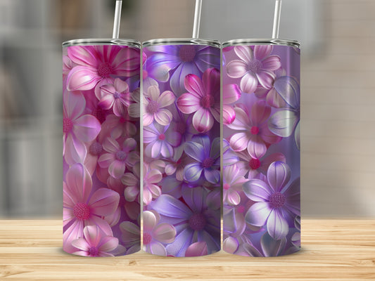 Three tumblers with iridescent floral patterns in shades of pink and purple.