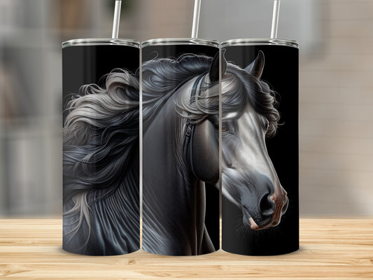 Black horse head with flowing mane on three tumblers.