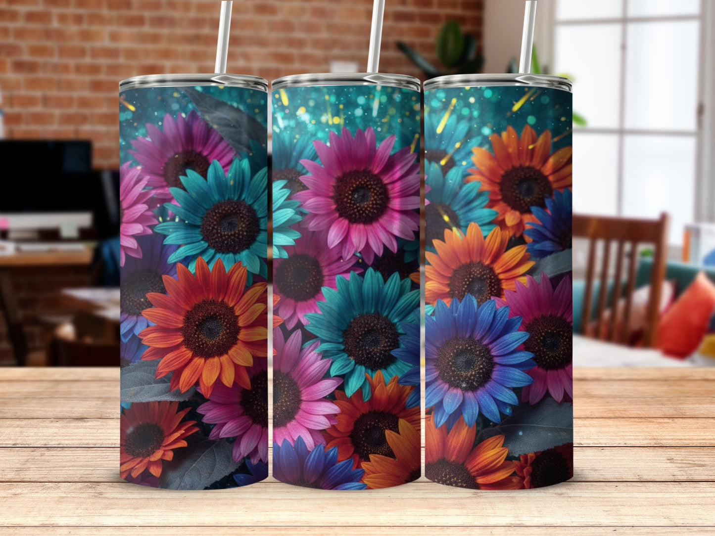 Vibrantly Colored Sunflower Patterned Tumbler Set