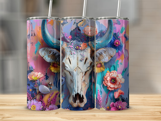 Triptych of tumblers featuring a colorful skull with floral accents.