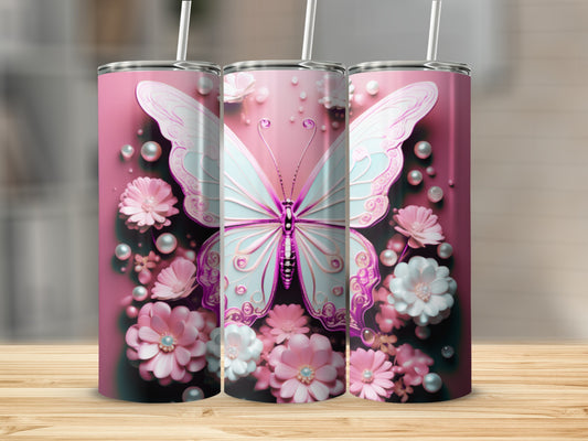 Pink tumbler with white butterfly and floral accents.