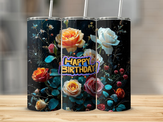 Three tumblers with colorful roses and "Happy Birthday" text.
