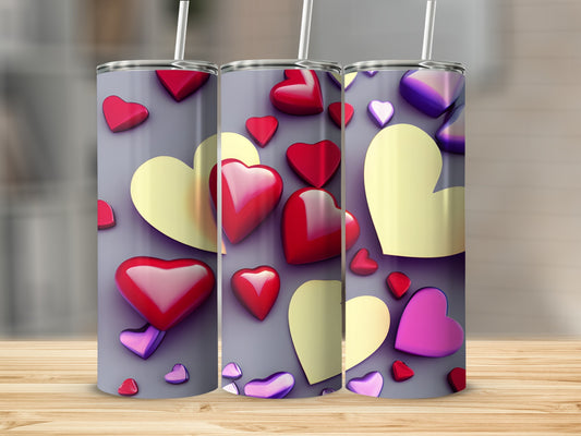 Three tumblers with a Valentine's Day heart pattern.