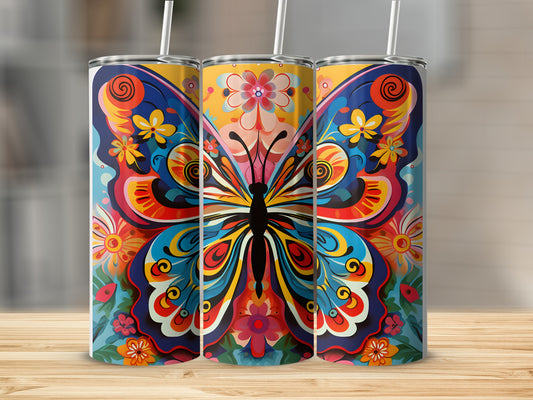 Three tumblers with colorful butterfly and floral psychedelic art designs.