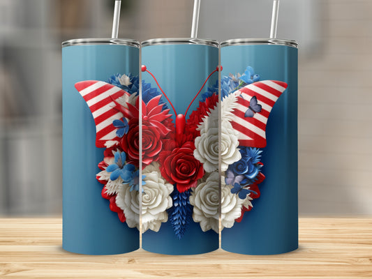 Three blue tumblers with patriotic butterfly floral design.