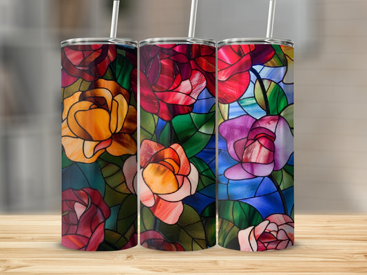 Three tumblers with stained glass rose design in red, yellow, and purple.