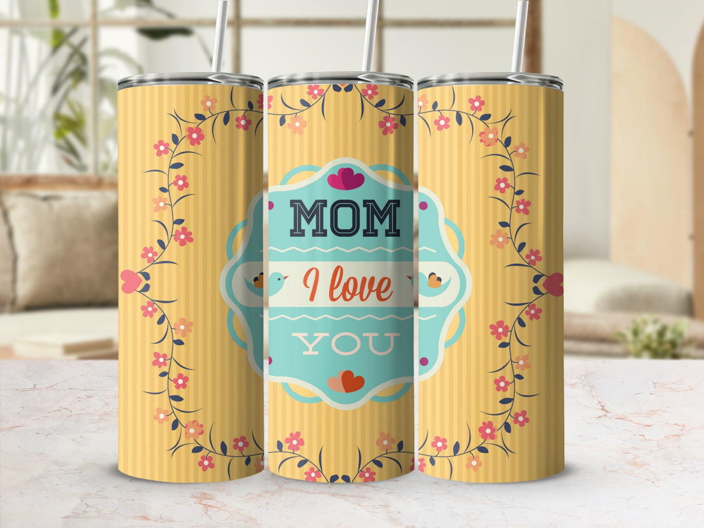 MOM I Love You Floral Design Tumbler Cup