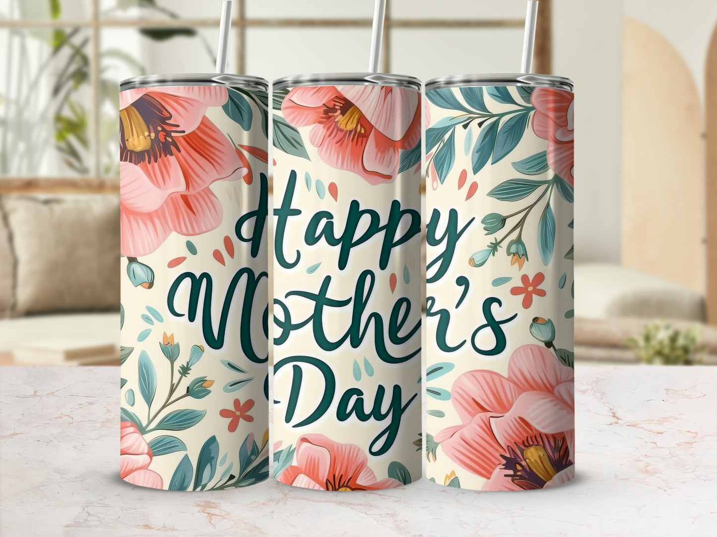 Mother's Day Floral Pattern Tumbler with Straw
