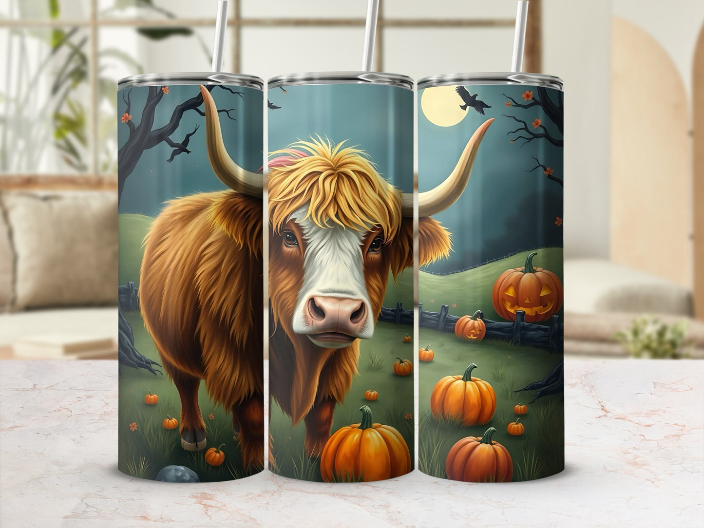 Highland Cow with Pumpkins Halloween Tumbler