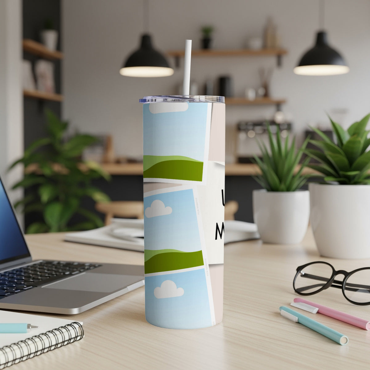 Tumbler with sky and rolling hills photos and text "LIVE", "LOVE", "LAUGH"