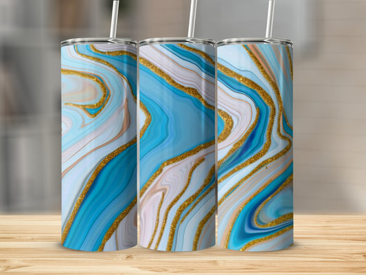 Three tall tumblers with blue, white, and gold marbled patterns.