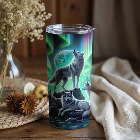 Majestic Wolf Pack under Northern Lights Tumbler