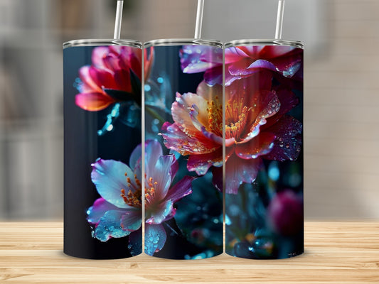 Three tumblers featuring close-ups of luminous, dew-kissed flowers.