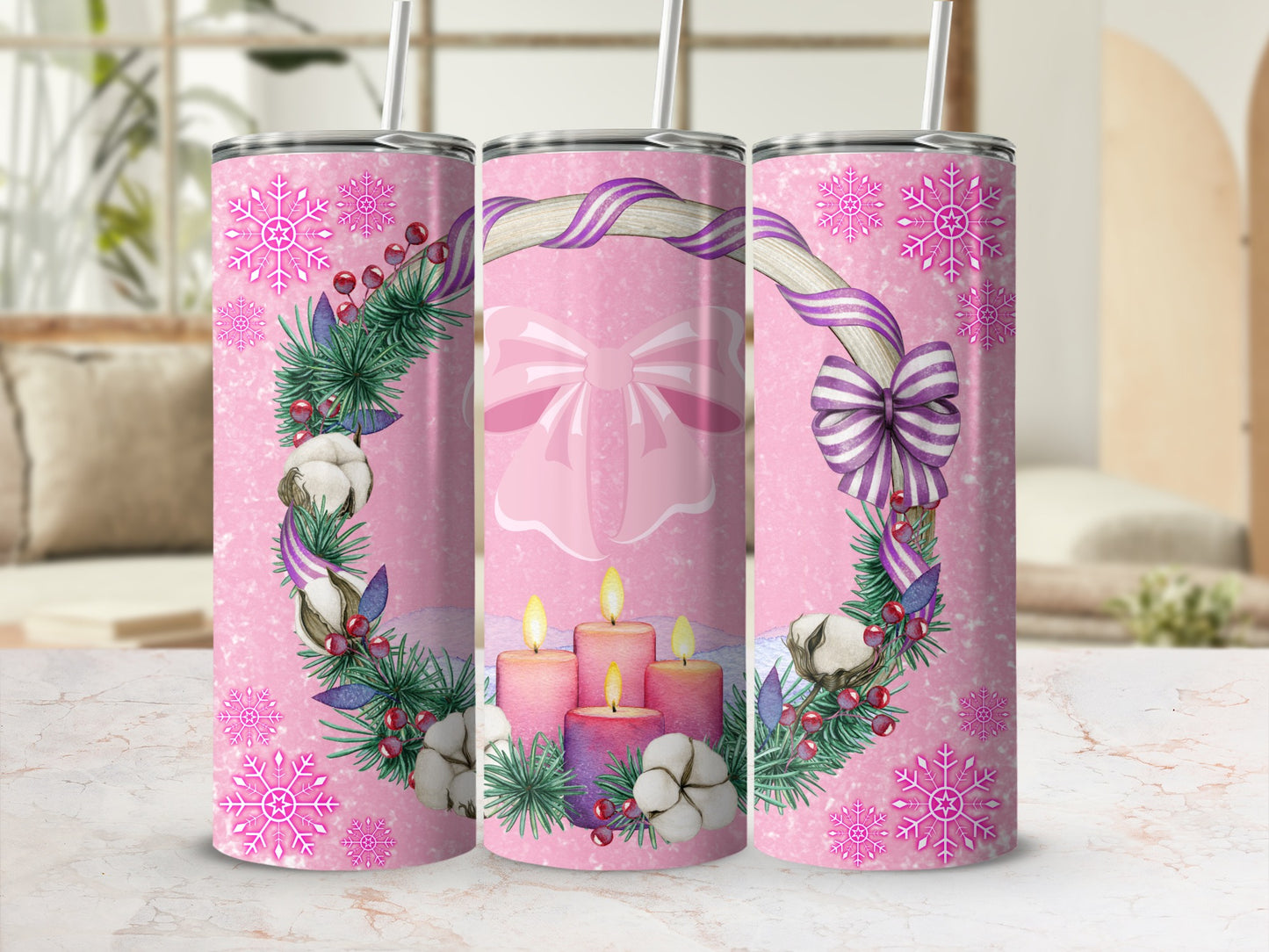 Pink Christmas Winter Floral Tumbler Holiday Gift