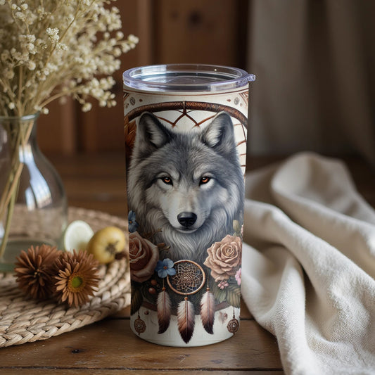 Wolf and Dreamcatcher Tumbler with Floral Design