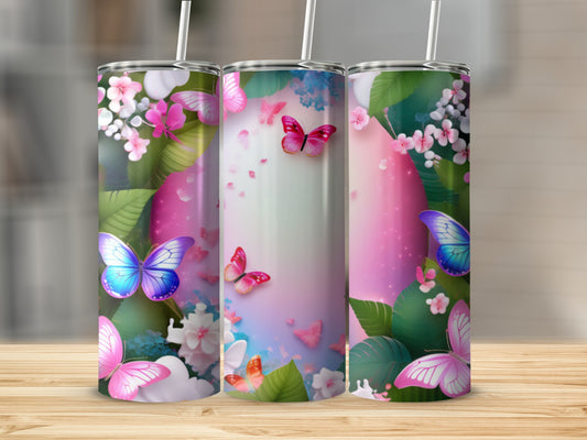 Three tumblers with a watercolor butterfly and floral design.