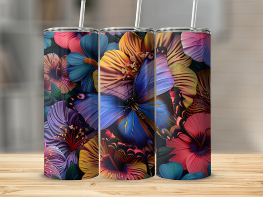 Three tumblers with a colorful butterfly and floral design.