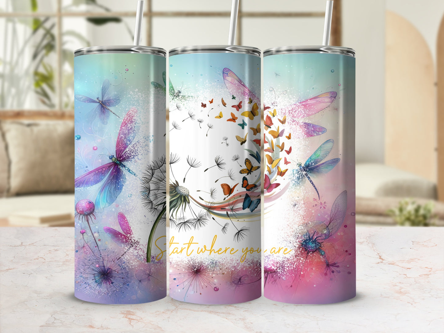 Dragonfly Dandelion Butterfly Design Insulated Tumbler