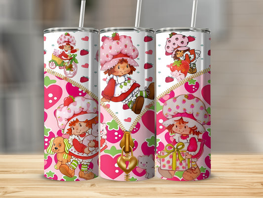 Strawberry Shortcake and friends on pink patterned tumbler with zipper and heart details.
