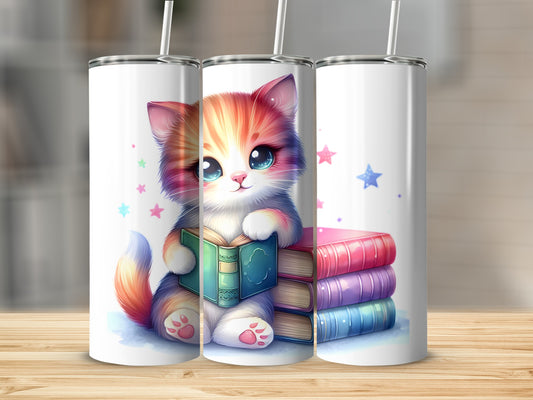 Colorful cartoon kitten sitting on a stack of colorful books.