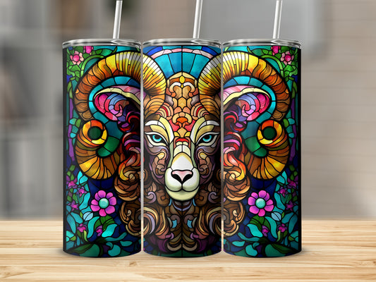 Three stained glass tumblers featuring a colorful ram with floral accents.