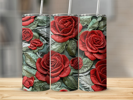 Three tumblers with a realistic red rose embroidery pattern.