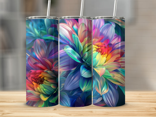 Three tumblers featuring a vibrant, abstract floral design in rainbow colors.