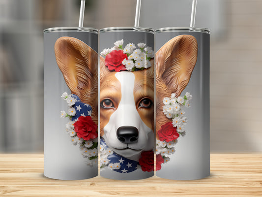 Corgi wearing a patriotic floral headband, three tumblers.